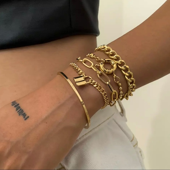 Gold Chunky Punk Cuban Chain Bracelets Set of 5 - Picture 2 of 4